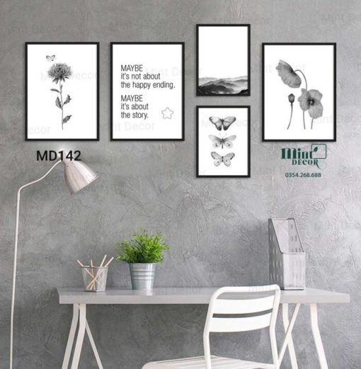 Bộ 5 Tranh Canvas Lá Hoa Đen Trắng