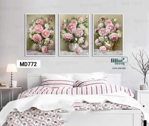 bộ 3 tranh bình hoa mẫu đơn rực rỡ