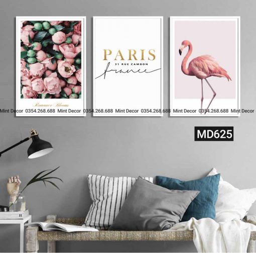 bộ 3 tranh hoa mẫu đơn và hồng hạc