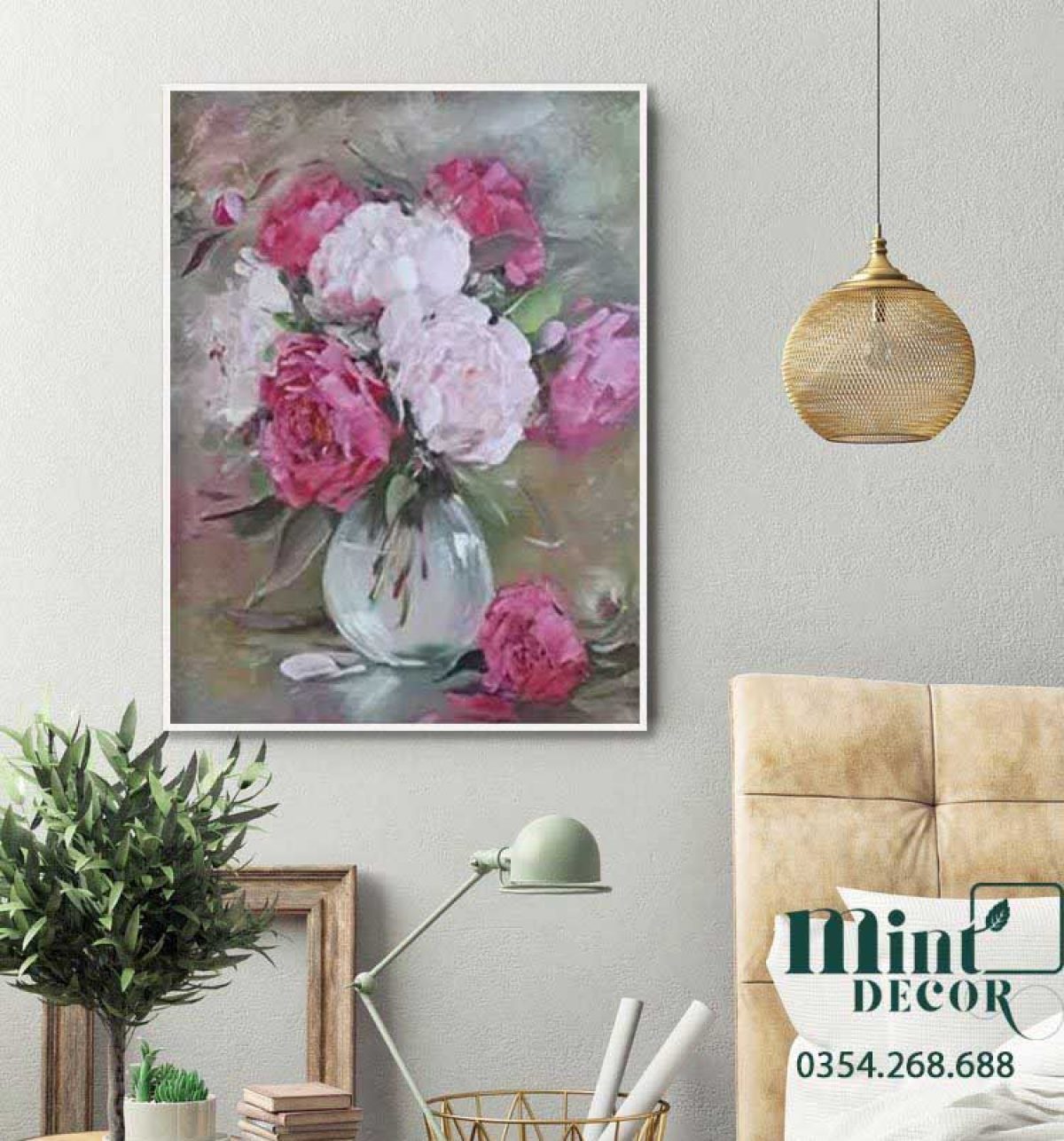 Tranh Bình Hoa Mẫu Đơn Trắng Và Hồng - Mint Decor