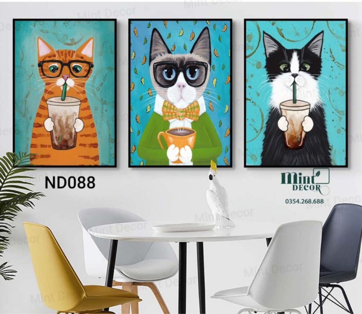 Bộ 3 Tranh Mèo Uống Trà Sữa - Tranh treo: Bạn là một tín đồ yêu nghệ thuật và muốn tìm một bộ tranh độc đáo để trang trí ngôi nhà của bạn? Hãy quan tâm đến bộ 3 tranh mèo uống trà sữa đáng yêu này. Với hình ảnh những chú mèo uống trà sữa tuyệt đẹp, tranh sẽ là điểm nhấn cho không gian nội thất của bạn. Bạn chắc chắn sẽ cảm thấy vui vẻ và sáng tạo với bộ tranh mèo uống trà sữa này.
