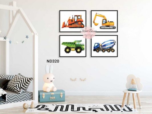 bộ 4 tranh các loại xe xây dựng
