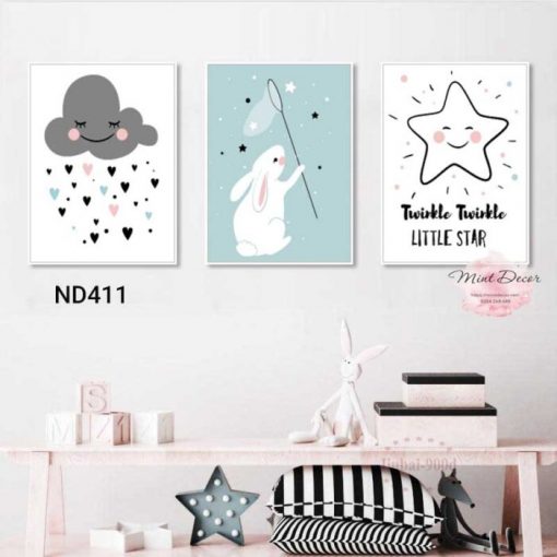 bộ 3 tranh thỏ với sao mây