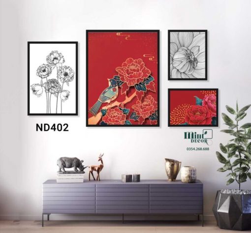 bộ 4 tranh hoa mẫu đơn đỏ