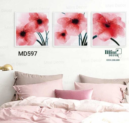 bộ 3 tranh cành hoa đỏ thắm
