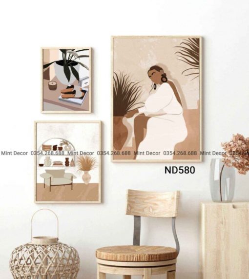 bộ 3 tranh màu nâu vintage
