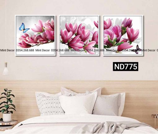 bộ 3 tranh bướm bên hoa đào